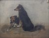UNSIGNED. OIL ON PANEL. DOGS