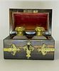 ANTIQUE BURL WOOD JEWELRY CASKET CADDY FRENCH OPALINE PERFUME SCENT BOTTLES