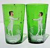 PAIR OF MARY GREGORY ENAMELED GREEN GLASS MATCHING TUMBLERS BOOY AND GIRL