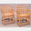 A Pair of Bamboo Armchairs with Caned Seats, 20th Century.