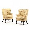 Pair of George II Carved Barrel Back Upholstered Wing Armchairs 