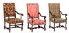 Group of Three French Louis XIV Style Carved Walnut Fauteuils a la Reine, 20th c., the rectangular canted upholstered back over scrolled arms and an u