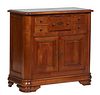 French Diminutive Louis Philippe Carved Cherry Marble Top Sideboard, 20th c., the rounded edge and corner inset highly figured brown marble top over a