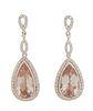 Pair of 14K Rose Gold Pendant Earrings, with a pierced diamond mounted stud, to an oval diamond mounted link, over a pendant pear shaped morganite wit