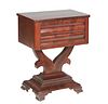 American Classical Carved Mahogany Worktable, 19th c., the rounded corner rectangular top over a bank of two drawers, on a large pierced lyre form sup