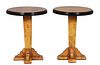 Pair of Art Deco Style Burled Walnut Lamp Tables, 21st c., the circular ebonized rim top on a tapered square support to four splayed legs, H.- 29 1/2 