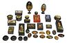 Group of Thirty-Seven Russian Hand Painted Lacquered Items, 20th c., consisting of twelve rectangular covered boxes, ten brooches, two eggs on stands,