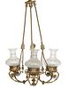 Gilt Bronze Three Light Gasolier, 19th c., possibly by Cornelius and Baker, the ceiling cap suspending three double drapery and tassel form hanging ro