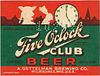 1937 Five O'Clock Club Beer 12oz Label WI341-16 Milwaukee, Wisconsin