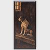 Oil on Wooden Panel Painting Depicting a Hunting Hound in a Barn