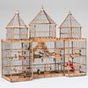 Large Rustic Wood and Wire Crenelated Three Part Bird Cage