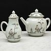 Chinese Export Grisaille Porcelain European Subject Teapot and Cover and a Hot Milk Jug and Cover