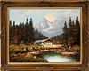 OIL PAINTING ON CANVAS SWISS COTTAGE IN MOUNTAINS