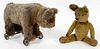 ANTIQUE TOY BEAR ON WHEELS AND SMALL TEDDY BEAR