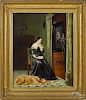 Continental oil on canvas interior scene with a woman mourning, signed lower right Elisa Gabriel
