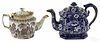 English blue Staffordshire teapot, 19th c., 7'' h., with floral decoration