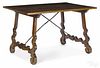 Spanish baroque walnut table, with wrought iron stretchers, 31 1/2'' h., 52'' w., 34'' d.