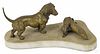 French bronze hound and fox trap group, 4 1/4'' h., 9 1/2'' w., together with a bronze match holder