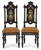 Pair of Victorian ebonized court chairs, 19th c., the backs with elaborate bone inlays