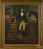 English oil on canvas portrait of a gentleman, his horse, and a stag, ca. 1800, 24'' x 20''.