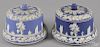 Two blue jasperware cheese keepers, late 19th c., probably Wedgwood, 7 3/4'' h.