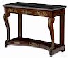 French Empire marble top mahogany console table, ca. 1830, 35 1/4'' h., 49 1/2'' w.
