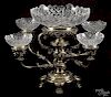 Empire style silver plated epergne, 19th c., with cut glass bowls, 15 1/2'' h.