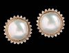 A PAIR 14K GOLD MOBE' PEARL AND DIAMOND EARRINGS