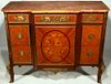 A 20TH C. LOUIS XVI STYLE MARBLE TOP SATINWOOD COMMODE