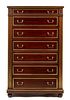 An R.J. Horner Directoire Style Brass Banded Mahogany Semainier Height 58 x width 36 x depth 19 3/4 inches.