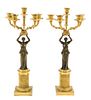 * A Pair of Empire Style Gilt and Patinated Bronze Five-Light Figural Candelabra Height 20 inches.