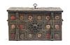 A Continental Polychrome Decorated Iron Strong Box Height 19 1/2 x width 34 3/4 x depth 19 7/8 inches.