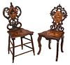 Two Black Forest Carved Marquetry Inlaid Side Chairs