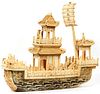 CHINESE 'TOWERED' PANELED BONE SHIP IN GLASS CASE
