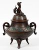 CHINESE BRONZE & CHAMPLEVE COVERED INCENSE BURNER