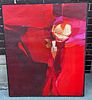 Red Mid Century Abstract Oil Painting 