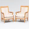 Pair of Contemporary Carved and Limed Birch Upholstered Bergères