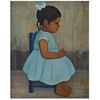 GUSTAVO MONTOYA, Niña de azul sentada en silla, de la serie Niños Mexicanos, Firmado , Óleo sobre tela, 55 x 46 cm, Con certificado
