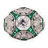 Art Deco Platinum Ring with Diamonds & Emeralds
