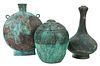 Three Bronze Chinese Vessels with Heavy Patina