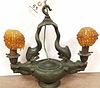 CAST BRONZE HANGING LAMP W/ DOLPHIN SUPPORTS 12"H X 12 1/2"W CORDTS MANSION