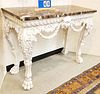 20TH C CARVED MARBLE TOP CONSOLE TABLE 35"H X 45 3/4"W X 19"D CORDTS MANSION