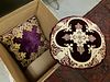 BX 2 VELVET AND NEEDLEWORK PILLOWS 18" SQ AND 17" DIAM CORDTS MANSION