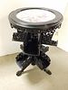 19TH C EBONIZED 2 TIER REVOLVING BOOK STAND W/ INSET PORCELAIN CHARGER ON TOP 32"H X 18" DIAM CORDTS MANSION
