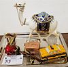 TRAY 3 ENAMLED METAL FIGURAL BXS 7"H X 7"L CAMEL AND HARP 3", VASE 1-1/2"H X 6"L + 2 PORCELAIN BXS TAXI 2"H 3-3/4"L + LIMOGES CHAMPAGNE ALFRED ROTHSCH