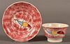 Red Spatter China Peafowl Cup and Saucer.