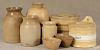 Eight pieces of yelloware, 19th c., to include four canning jars, a salt crock, a covered tub