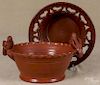 Ned Foltz, two pieces of redware, signed and dated 1985, 7'' h., 11'' dia. and 4'' h., 11 1/4'' dia.