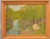 Vintage Naive Oil on Canvas Camping Scene.