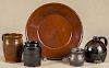 Five pieces of redware, 19th c., to include a bowl, a jug, crocks, etc., tallest - 6''
